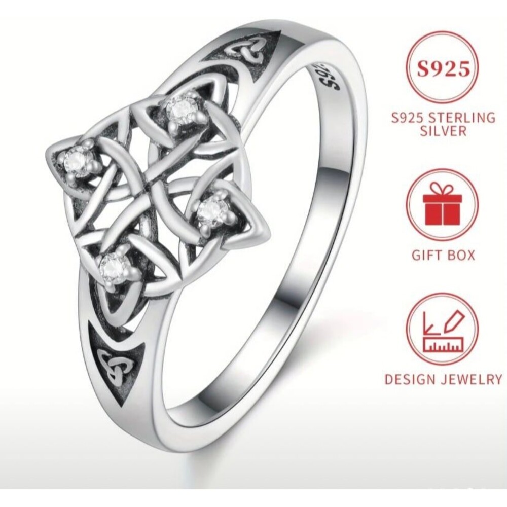S925 Pure Silver Celtic Knot Ring with Inlay Synthetic Zirconia Size 7